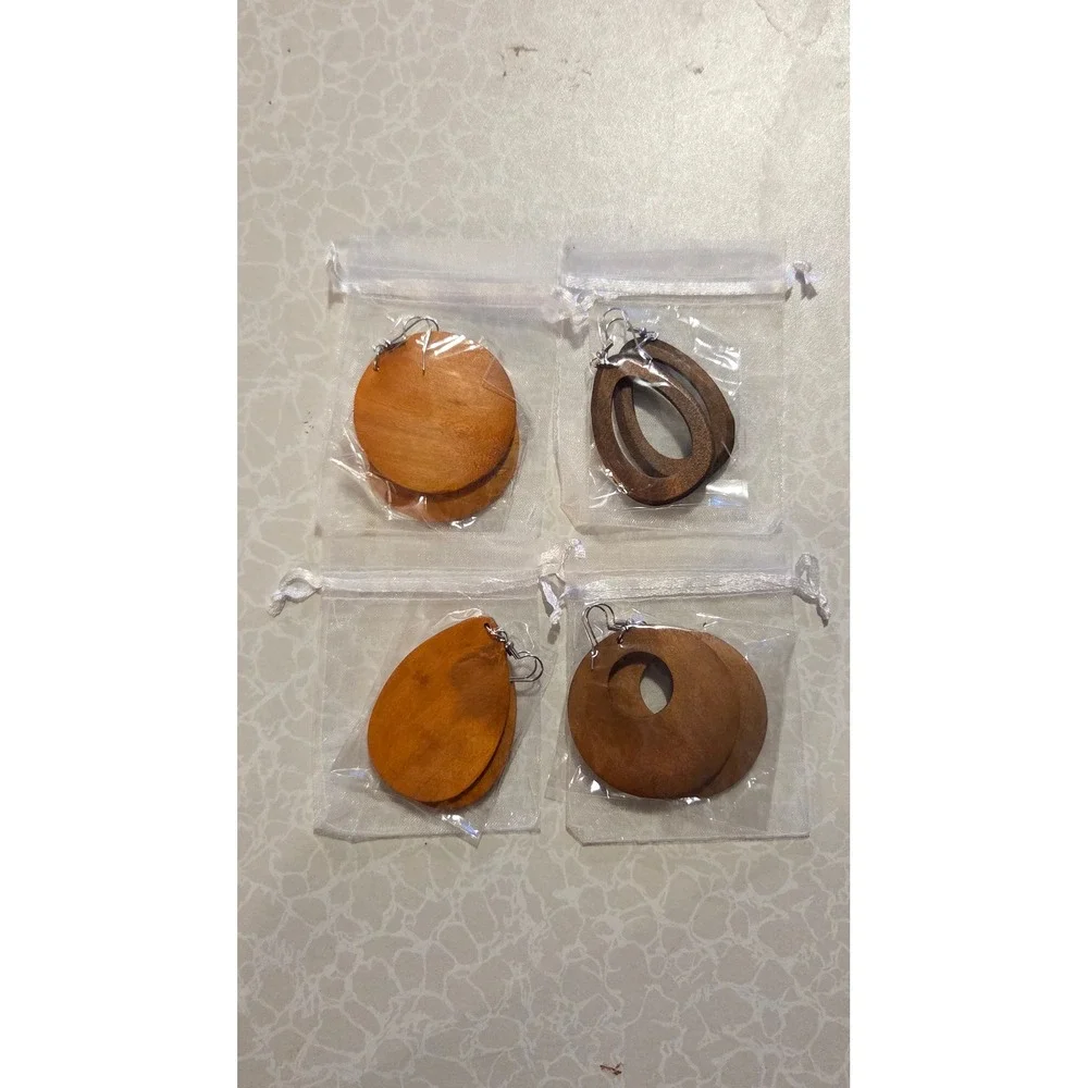 Unbranded Wooden Geometric Dangle Earring Set 4 Pairs Teardrop Circle Brown Wood